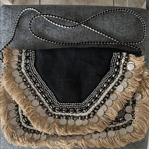 SHASHI Black and Tan Coin Fringe Crossbody Bag